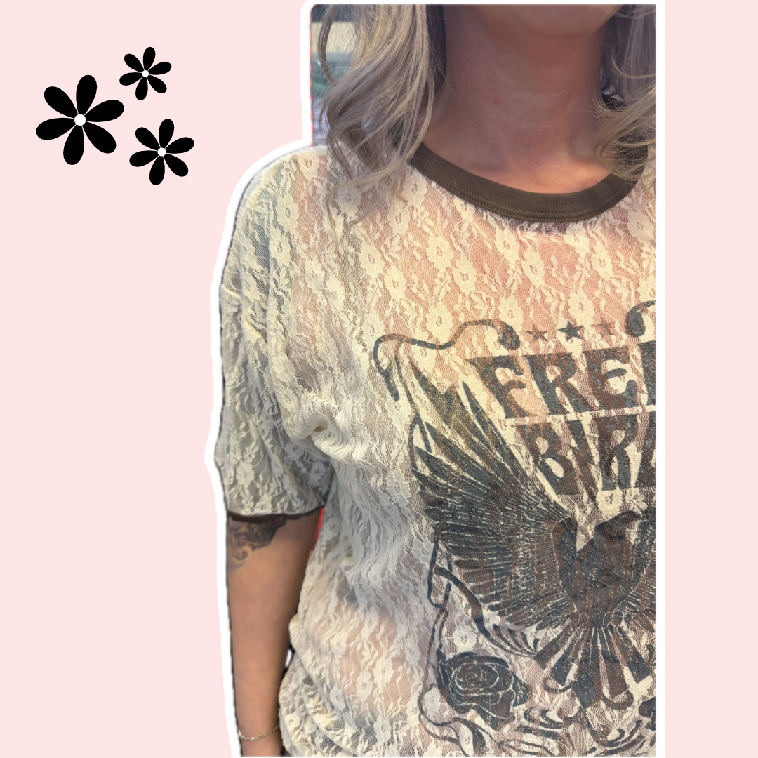 Free Bird Graphic Sheer Lace Tee
