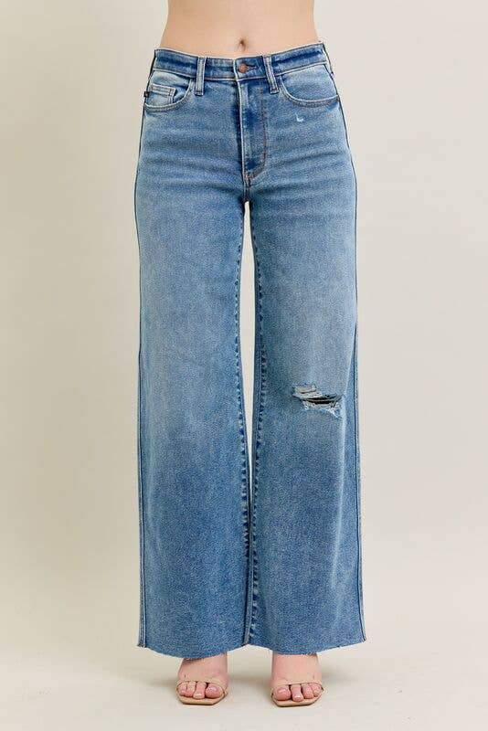 Judy Blue Jeans - Medium Vintage Wash Wide Leg With Destroy