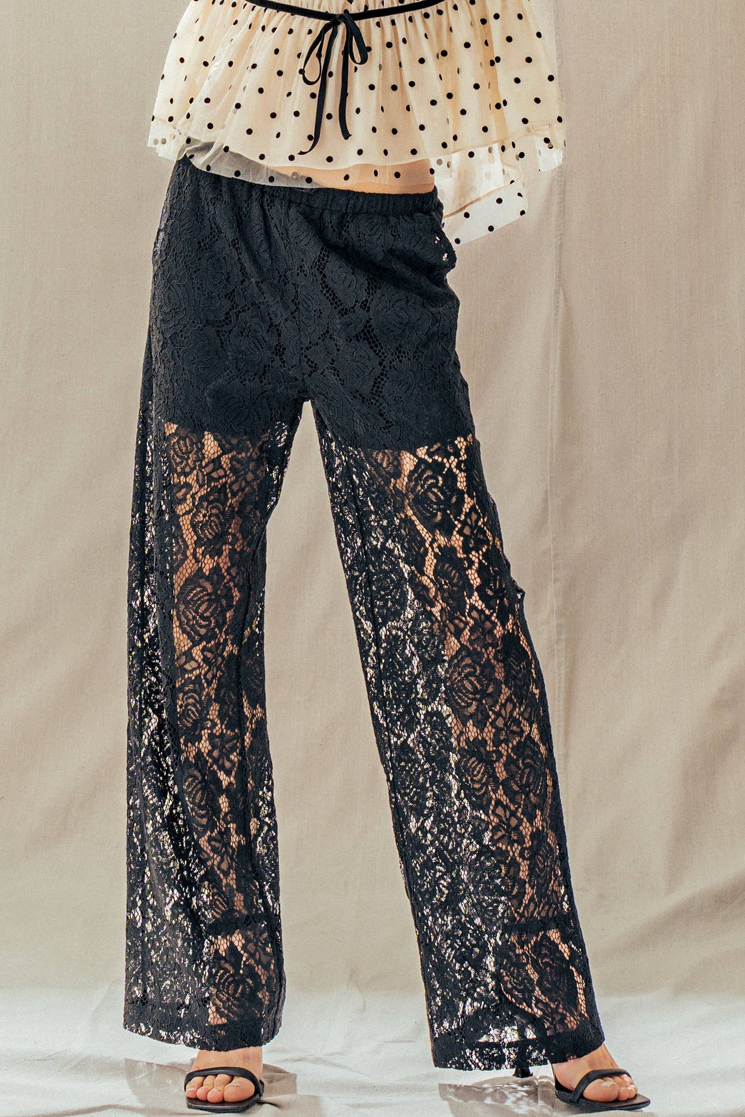 Floral Lace Wide-Leg Drawstring Pants