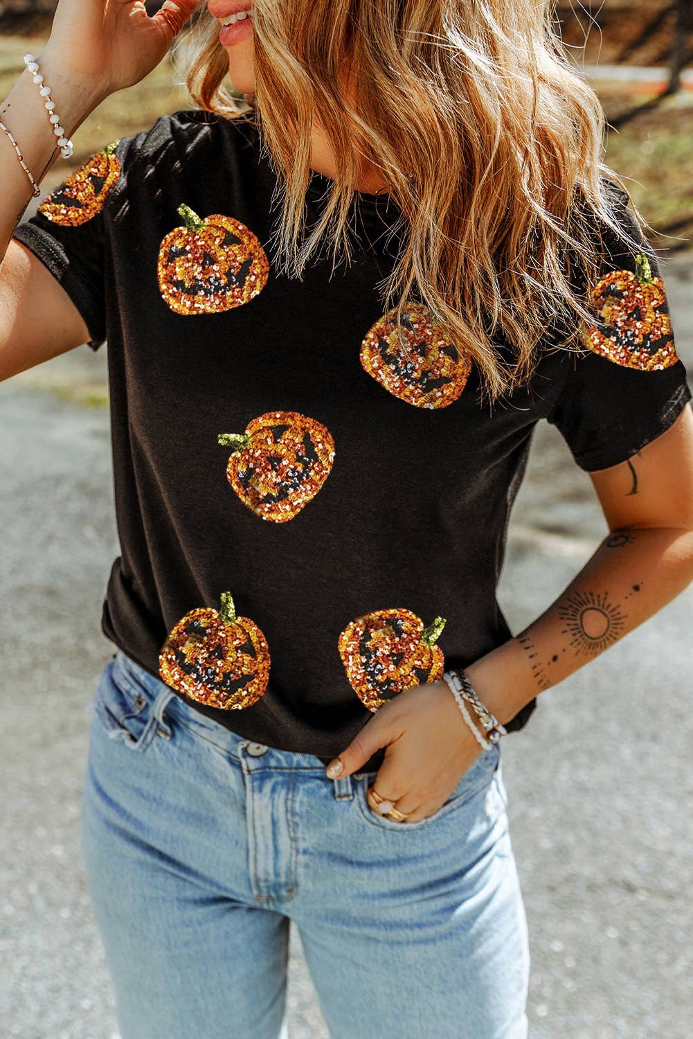 Sequin Pumpkin Face Halloween T-Shirt