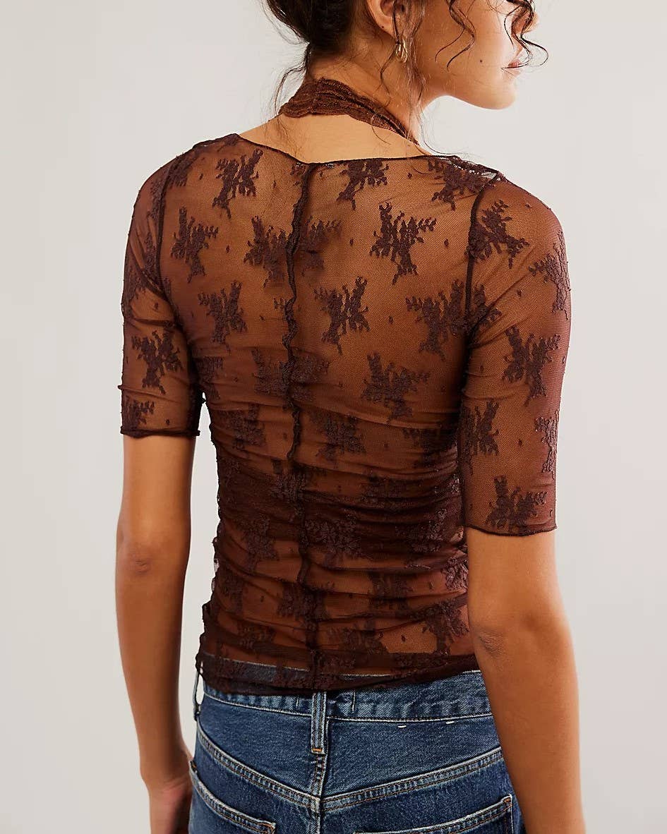 Floral Lace Short Sleeve Sheer Mesh Top