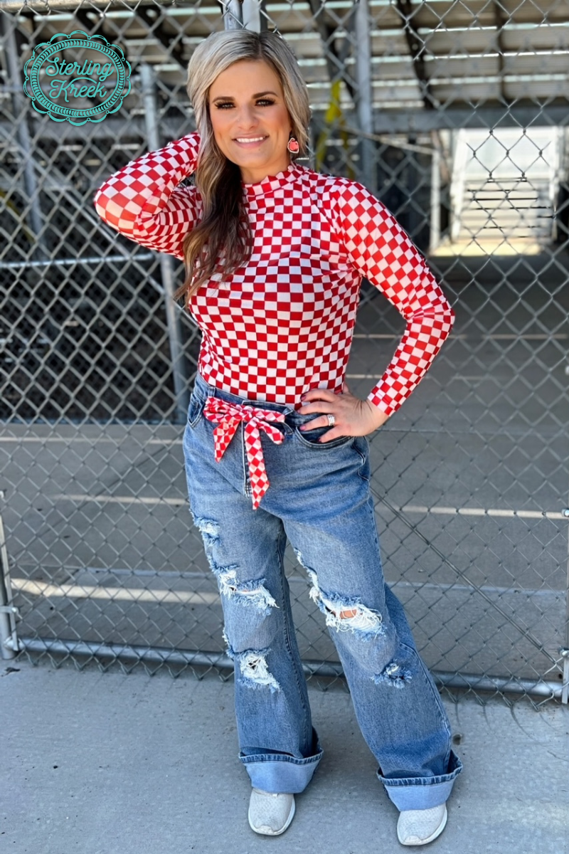 Red Checkered Long Sleeve Mesh Top