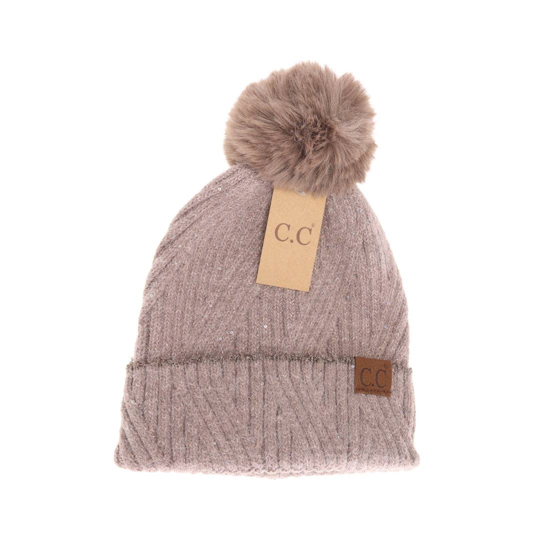 Sequin Faux Fur Pom C.C Beanie