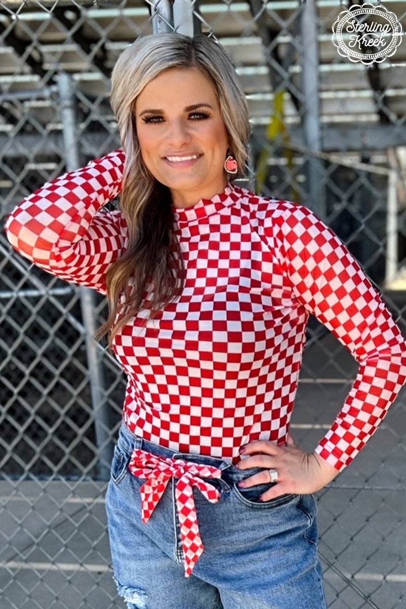 Red Checkered Long Sleeve Mesh Top