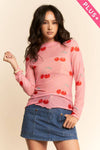 Cherry Mesh Long Sleeve Top Plus Size  PINK