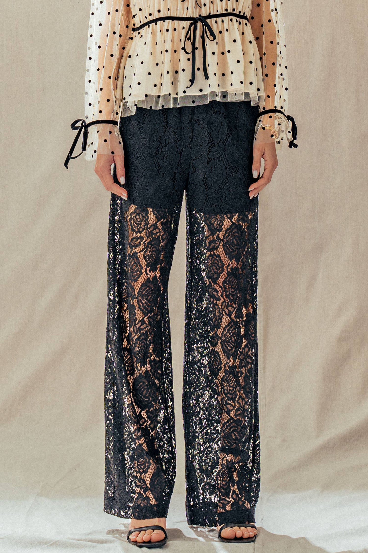 Floral Lace Wide-Leg Drawstring Pants