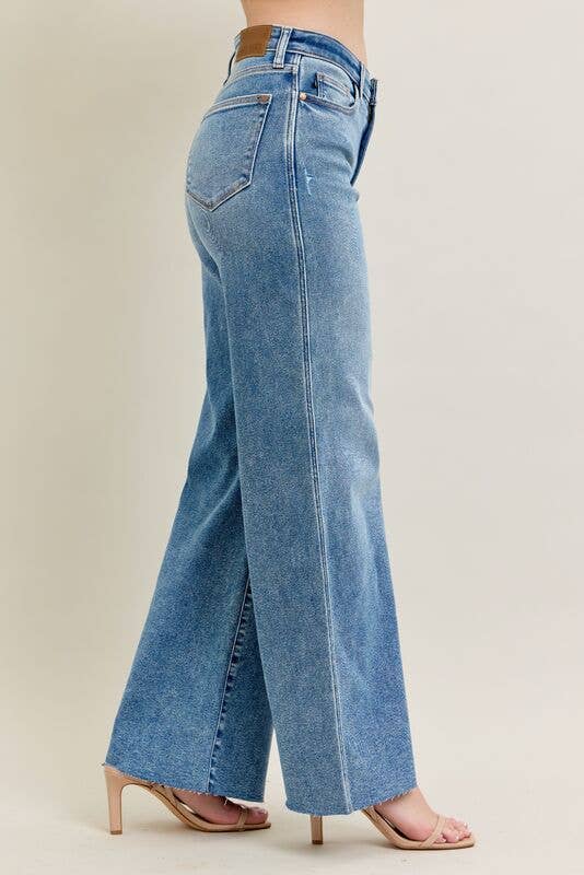 Judy Blue Jeans - Medium Vintage Wash Wide Leg With Destroy