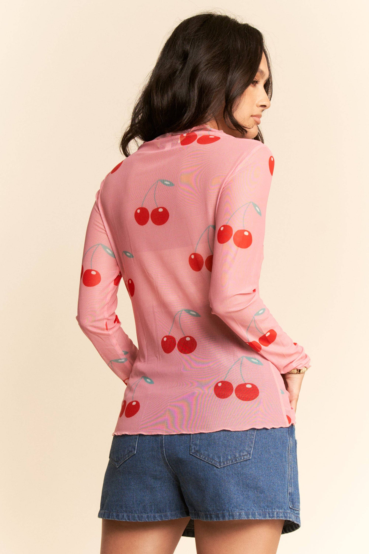 Cherry Mesh Long Sleeve Top Plus Size  PINK