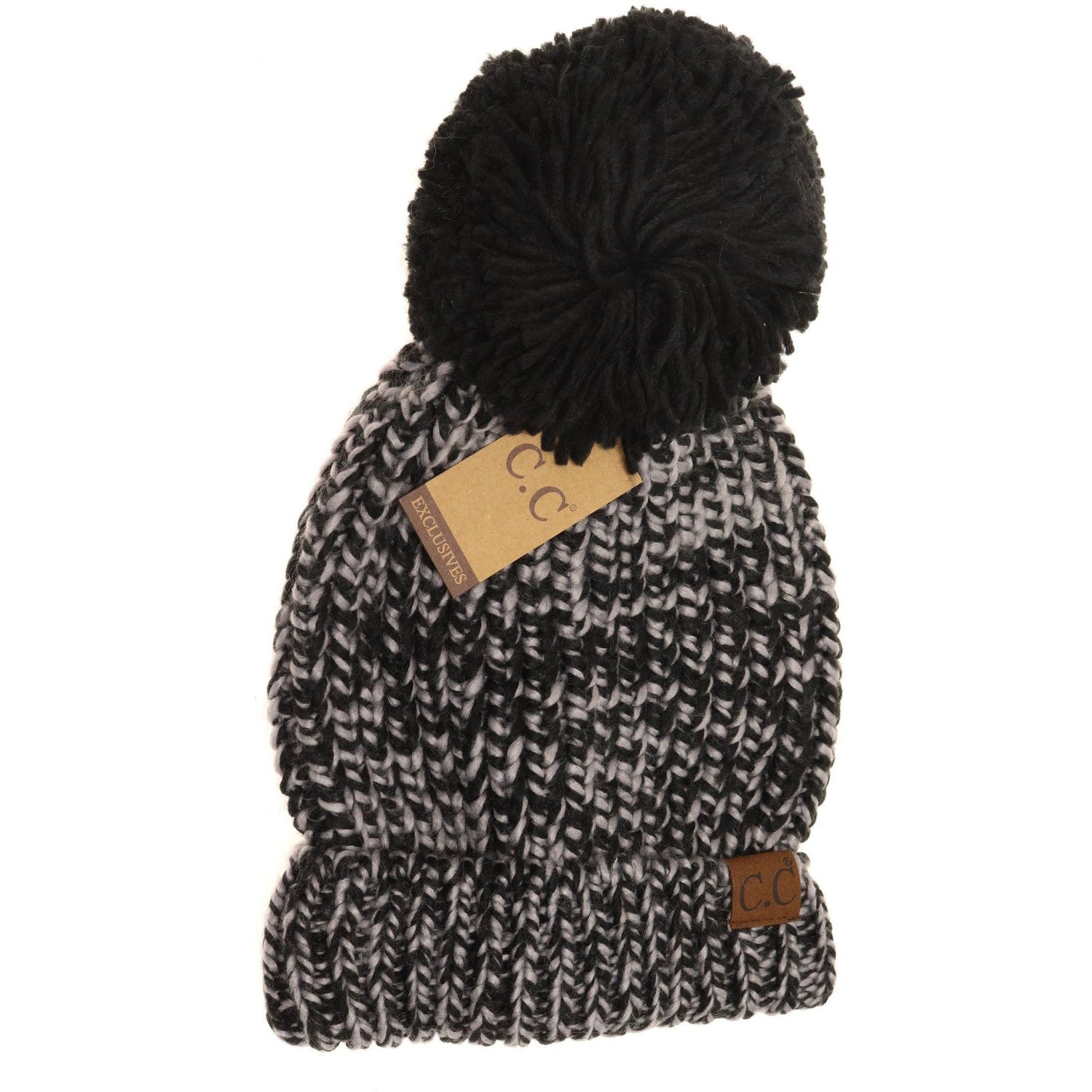 Two-Tone Thick Knit Pom CC Beanie