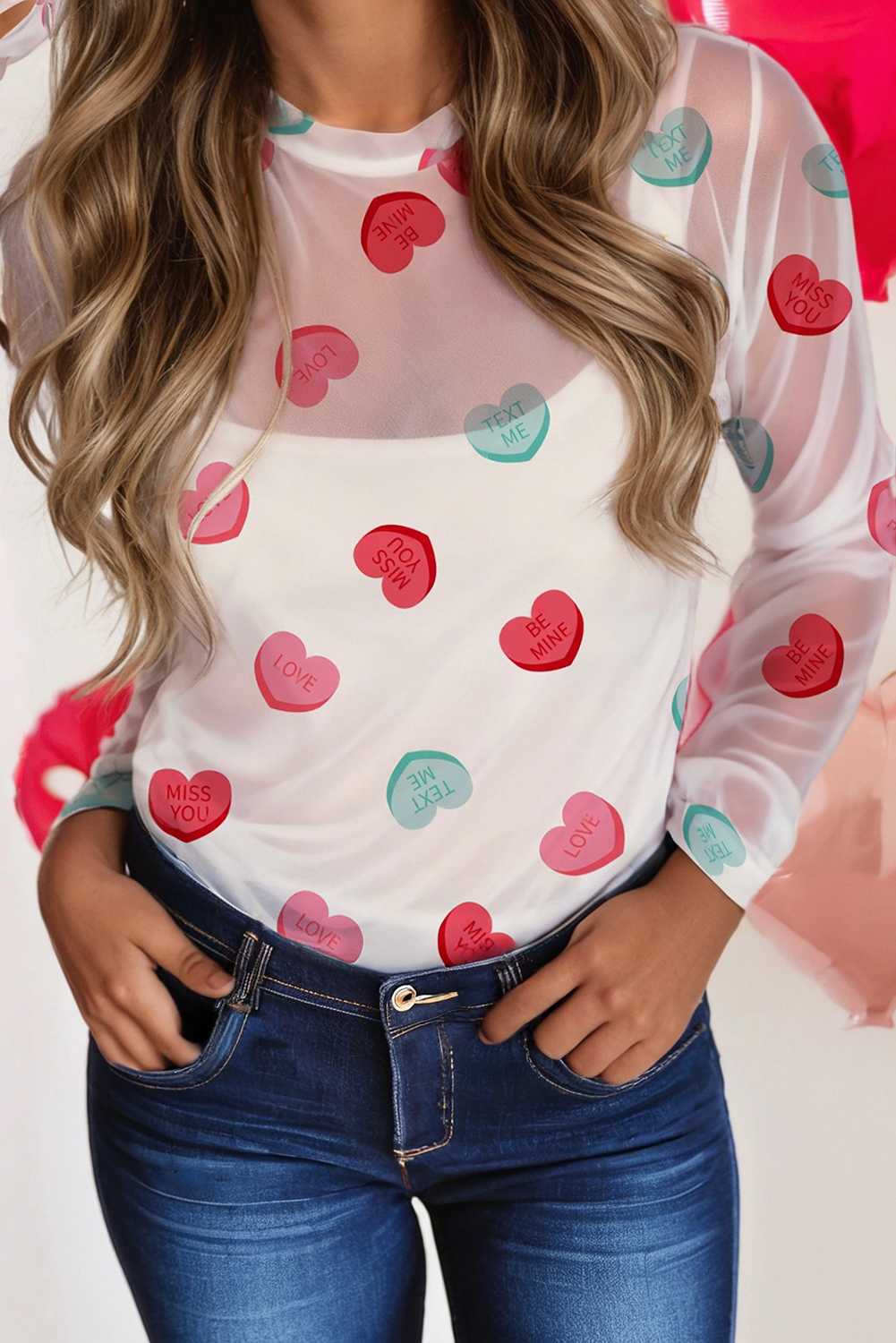 Sweet Hearts Mesh Long Sleeve Top