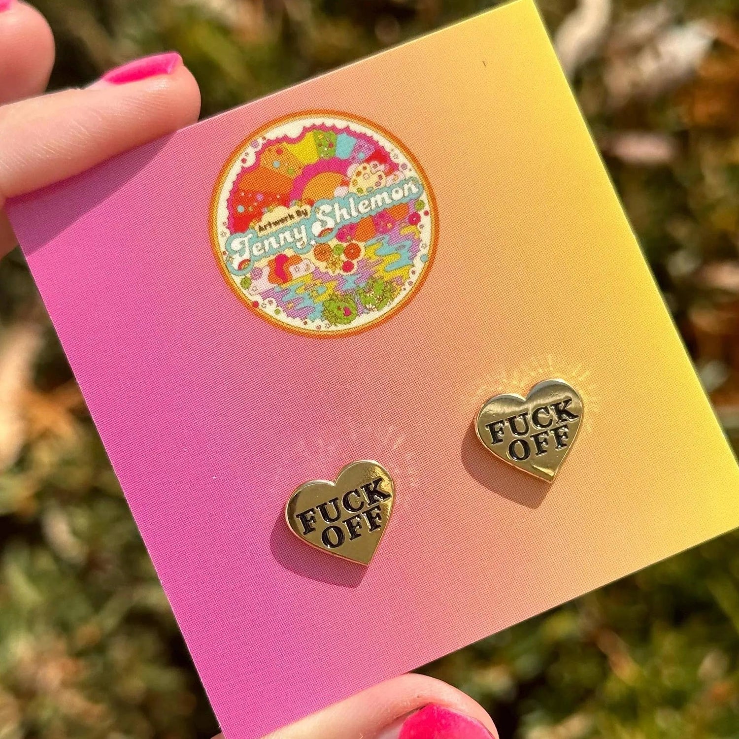 Golden Enamel Fuck Off Heart Stud Earrings