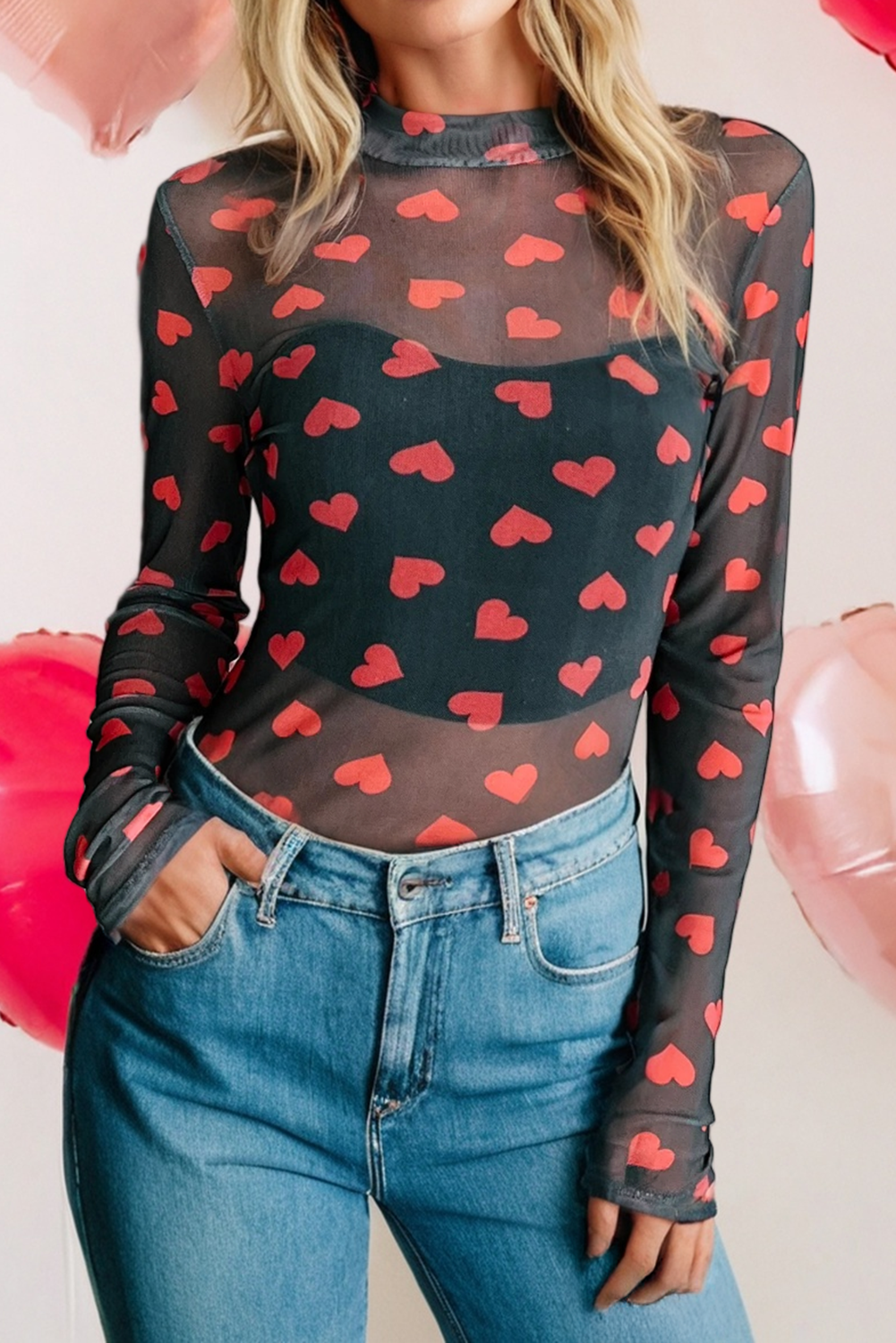 Heart Mesh Long Sleeve Top