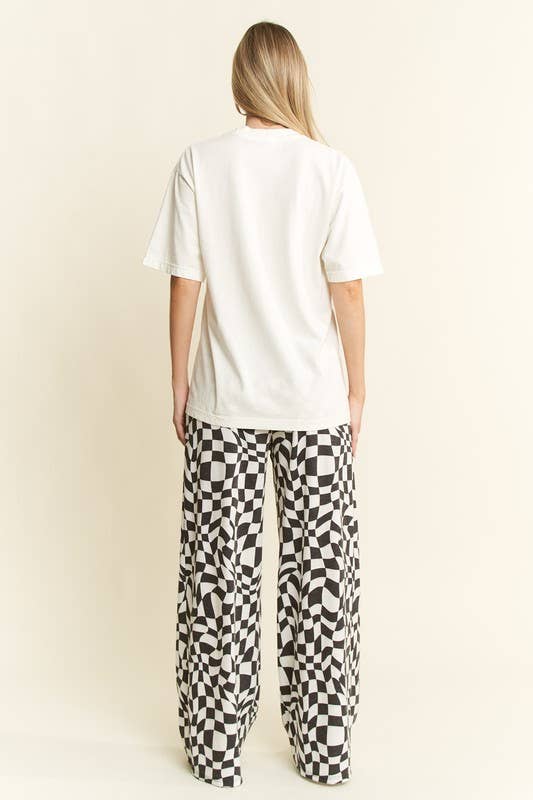 WAVY CHECKERED HIGH WAIST STRAIGHT LEG KNIT PANTS