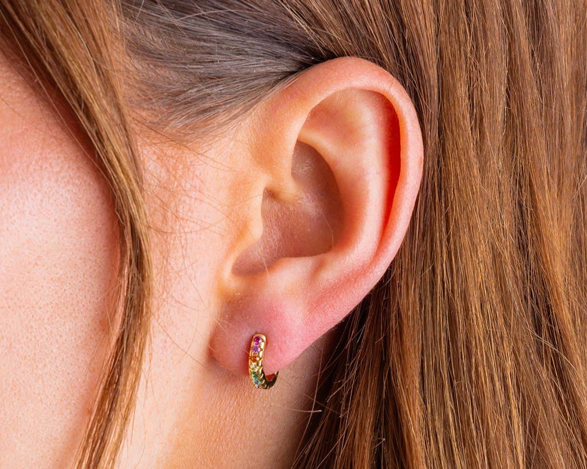 Mini Colorful Gems Huggie Earrings - Gold-Plated