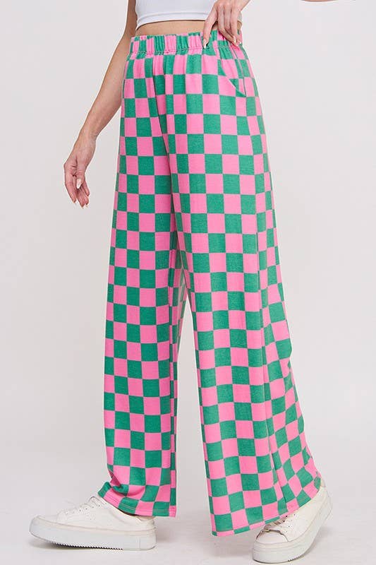 High Waisted Checkered Straight Leg Knit Pants