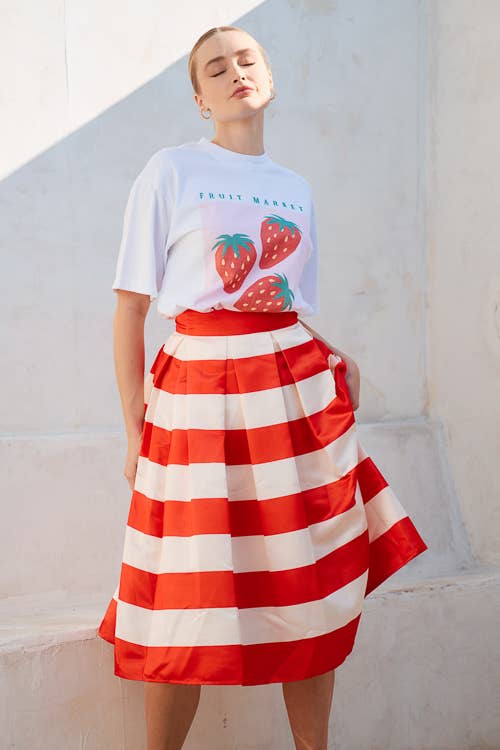 Color Block Puff Pleated Sleek Midi Skirt