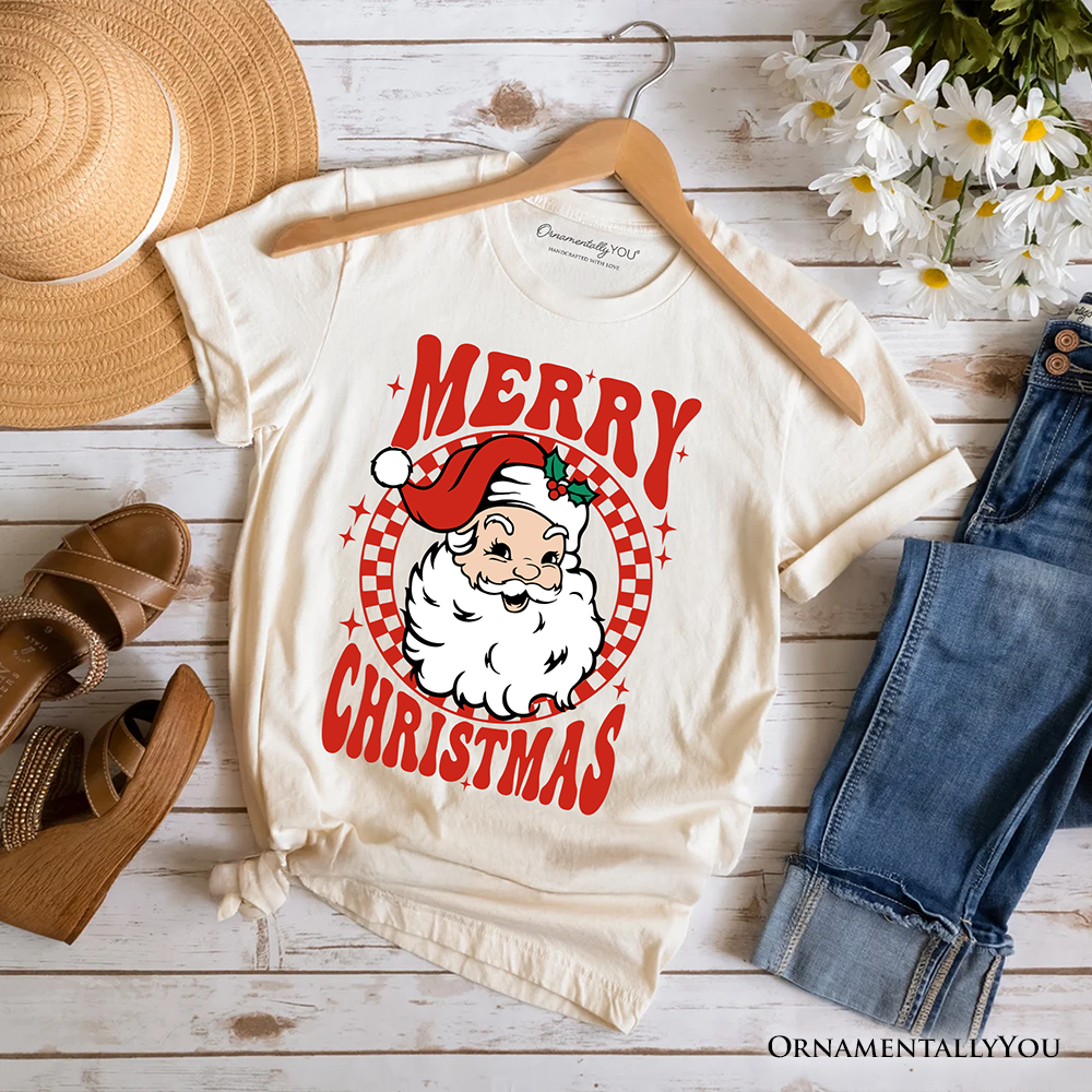 Merry Christmas Santa T‑Shirt, Retro Red Checkered Tee