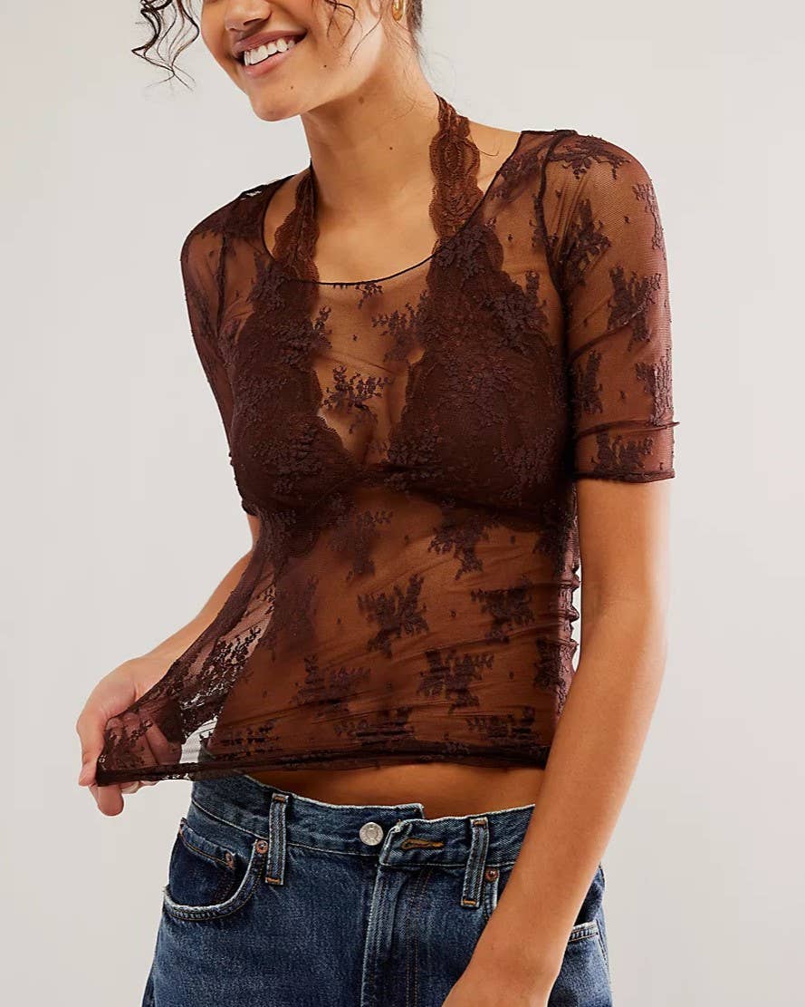 Floral Lace Short Sleeve Sheer Mesh Top