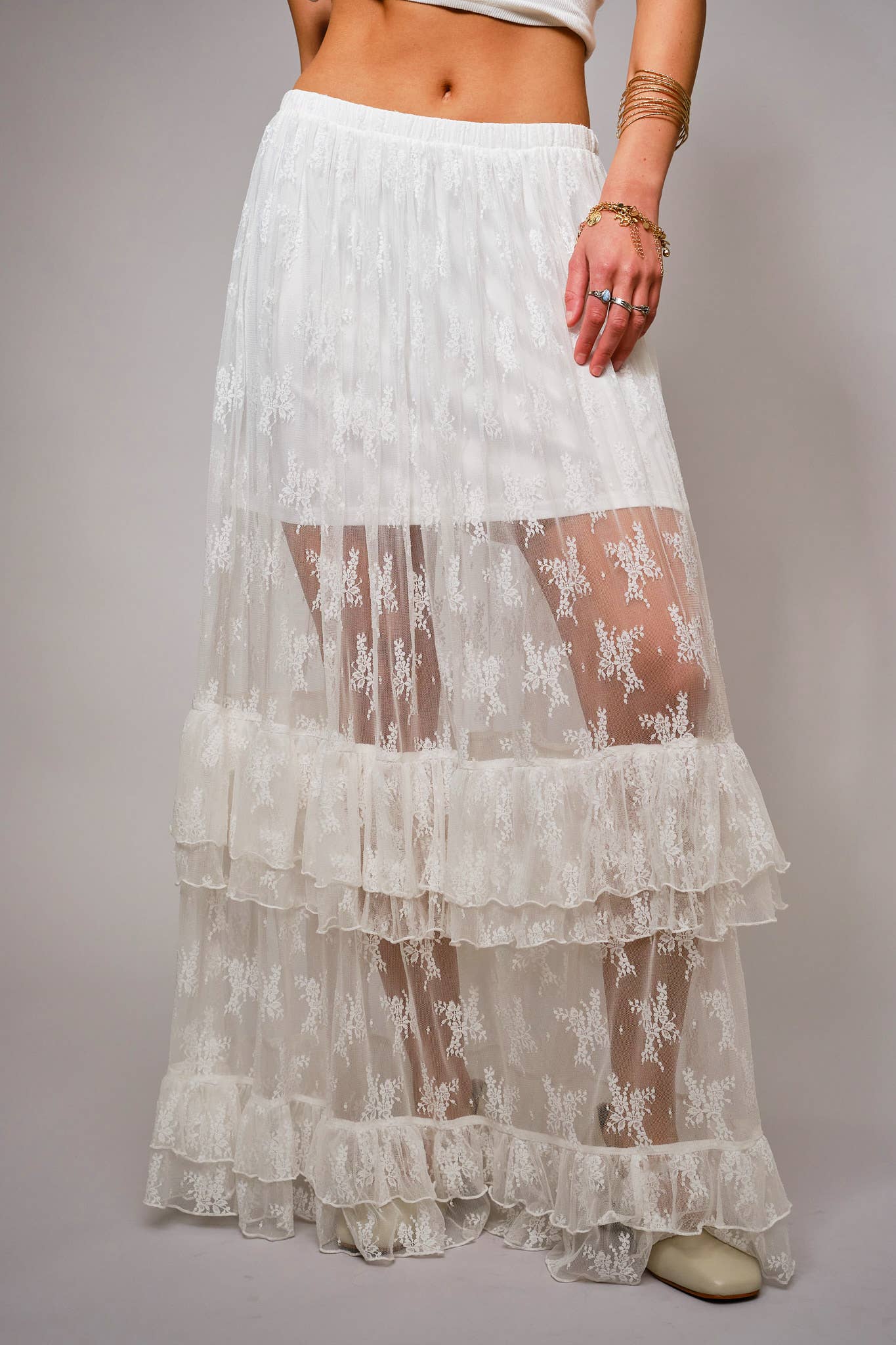 Sheer Lace Tiered Maxi Skirt