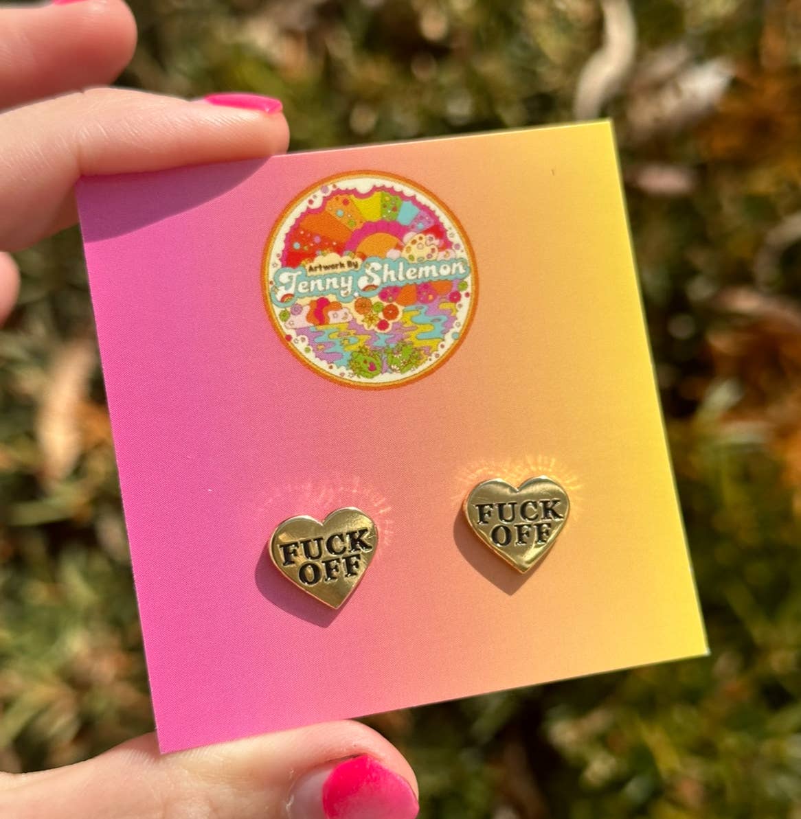 Golden Enamel Fuck Off Heart Stud Earrings
