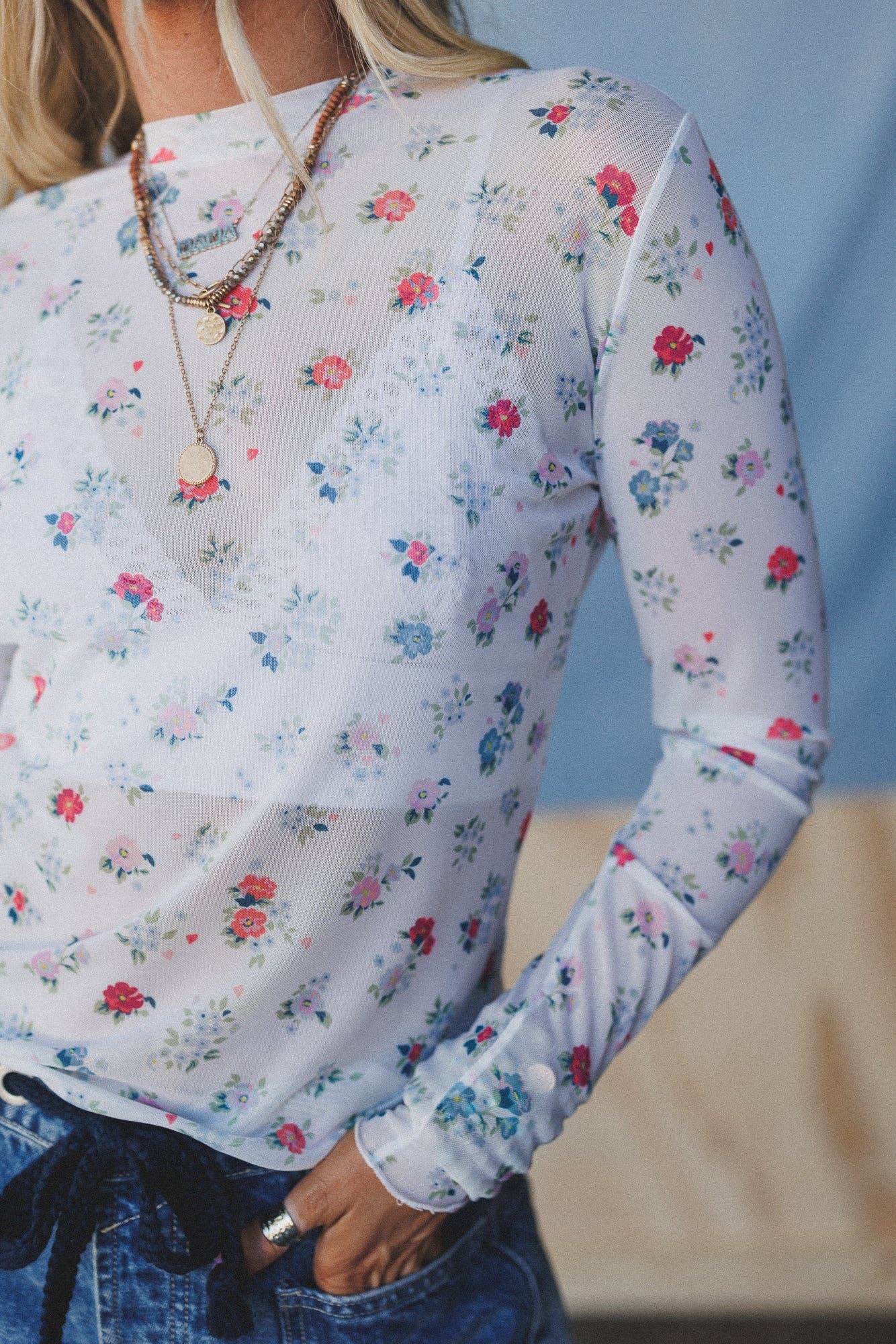 Floral Mesh Top Long Sleeve