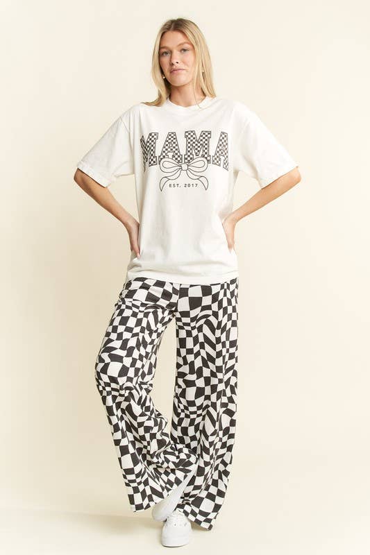 WAVY CHECKERED HIGH WAIST STRAIGHT LEG KNIT PANTS