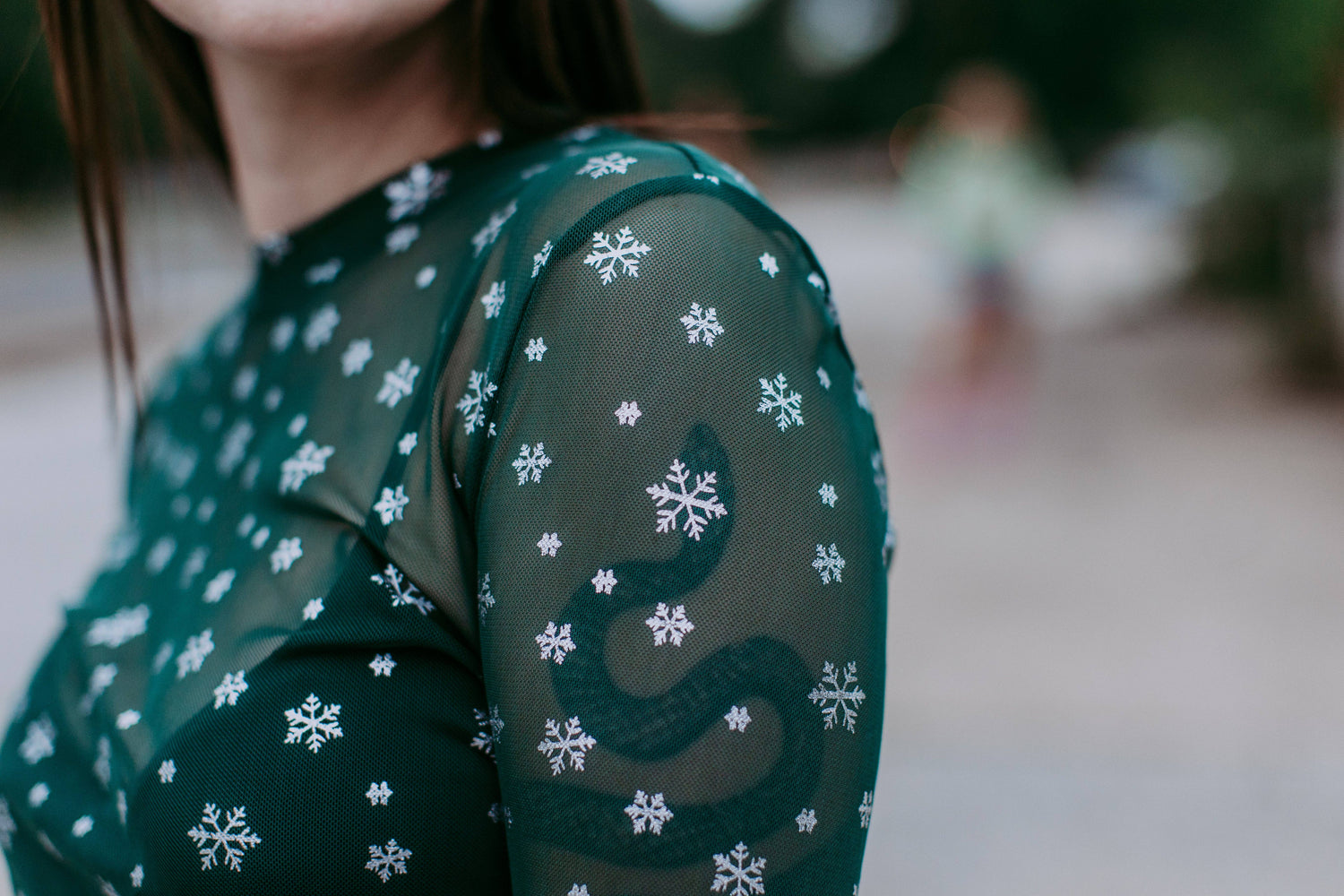 Sparkle Foil Snowflake Long Sleeve Mesh Top