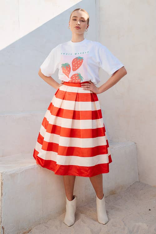 Color Block Puff Pleated Sleek Midi Skirt