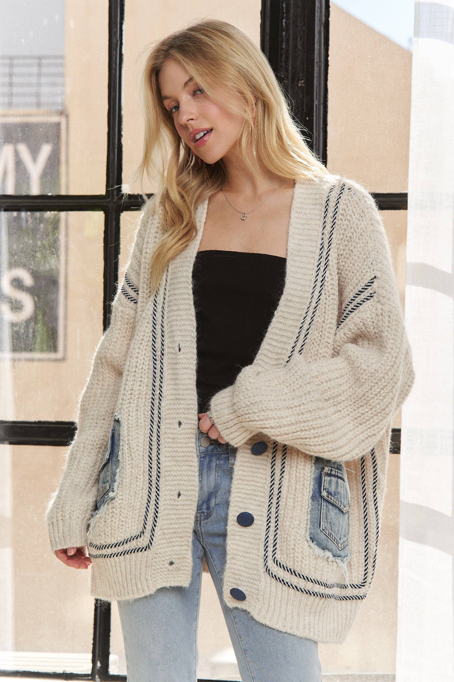 Long Sleeve Multicolor Pockets Sweater