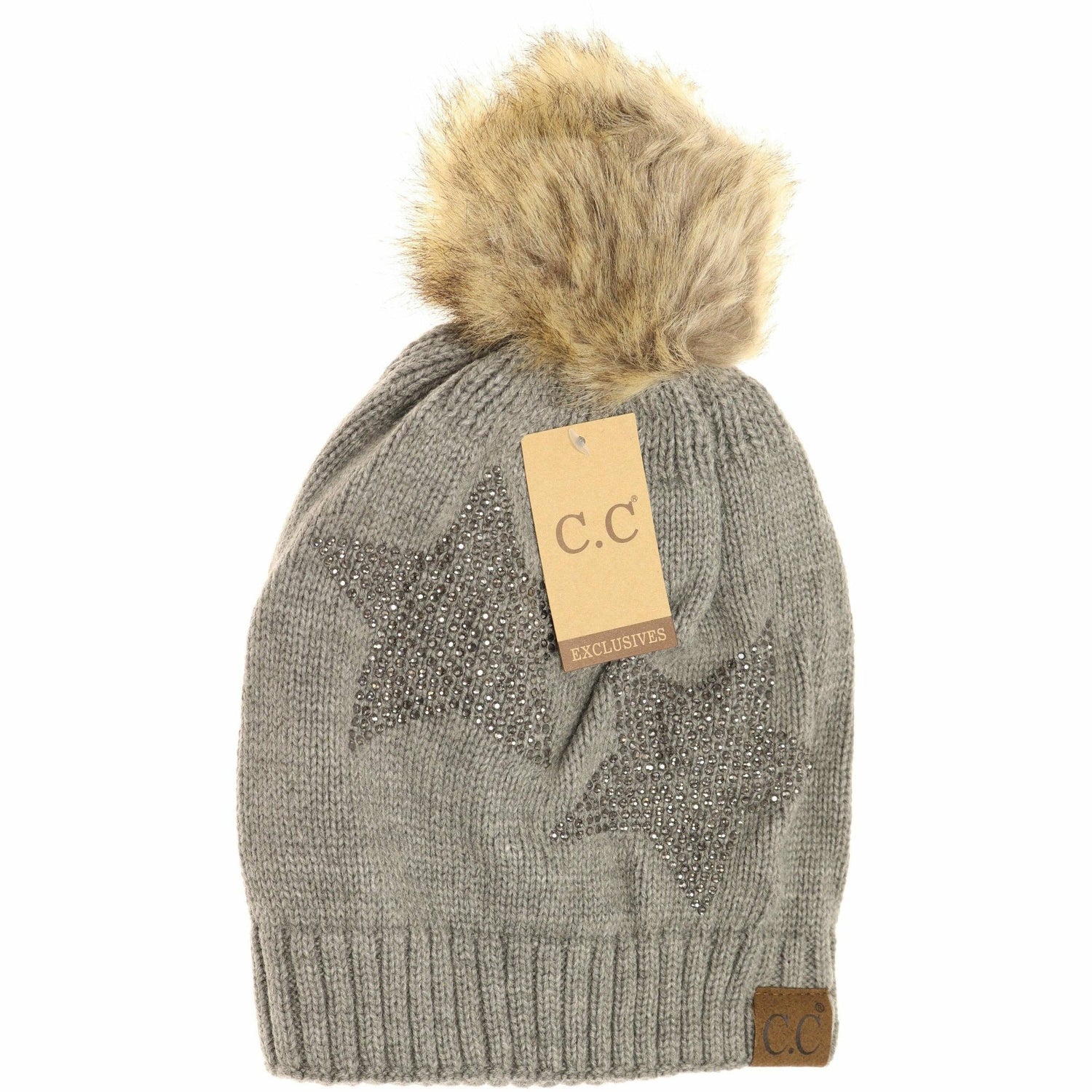 Rhinestone Star Fur Pom CC Beanie