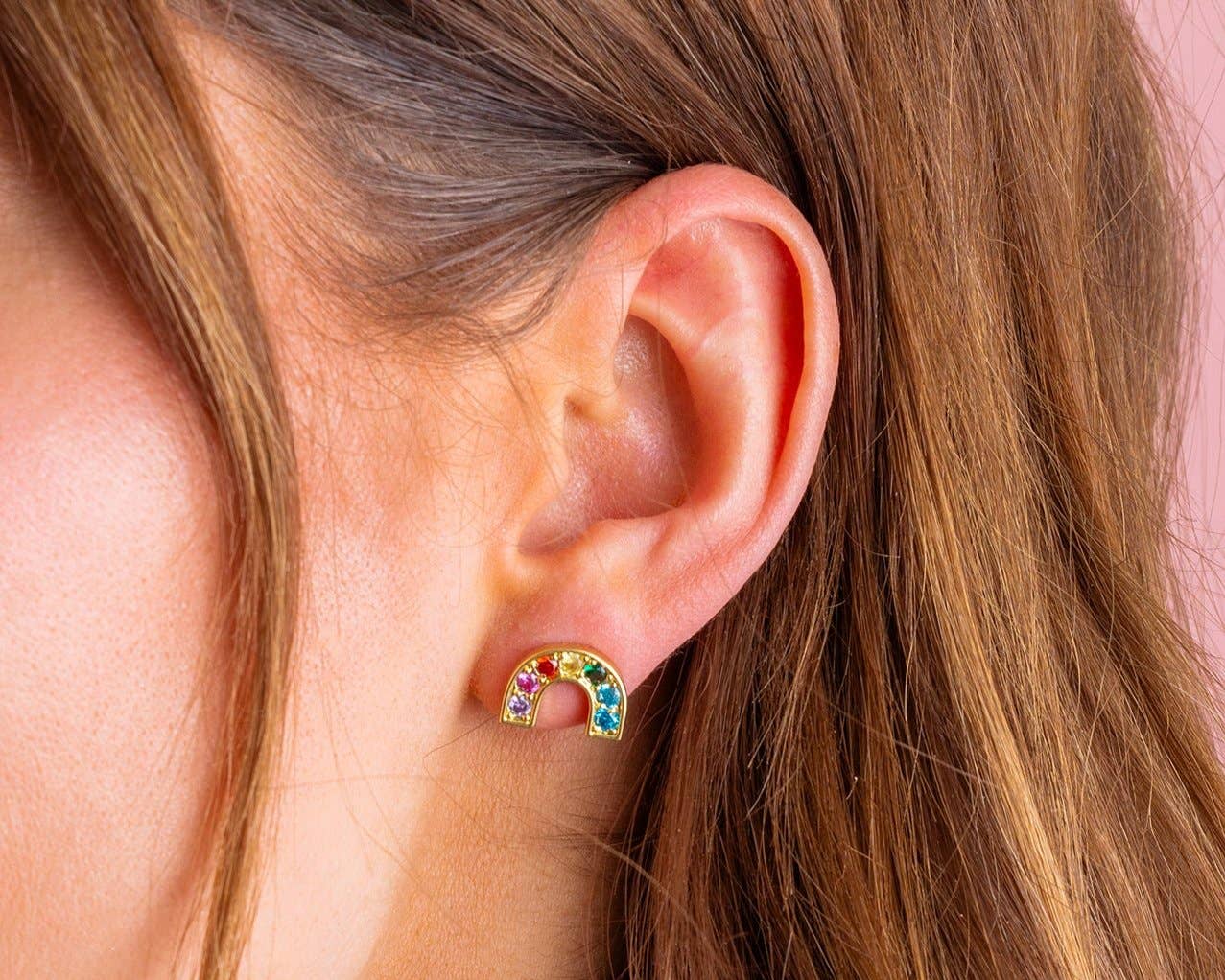 Gold Rainbows w/Multi-Colored Gems - - Stud Earrings