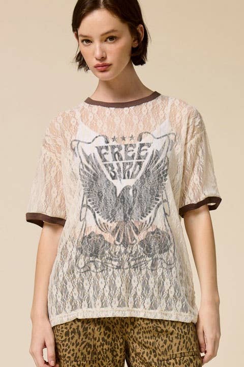 Free Bird Graphic Sheer Lace Tee