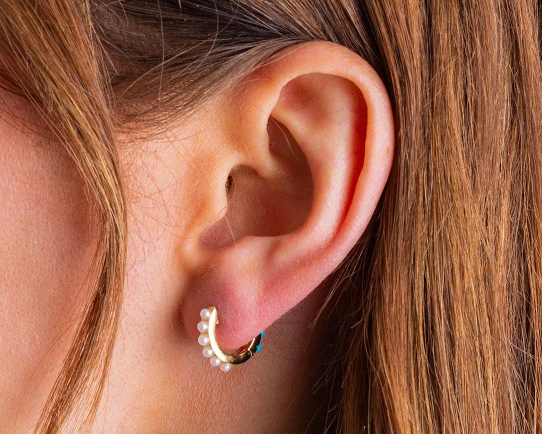 Pearl & Turquoise Huggie Earrings - Gold-Plated